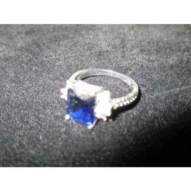 Art Deco Emerald cut Blue Sapphire Sterling Silver Ring