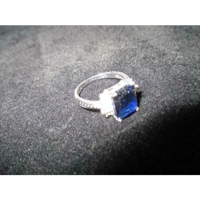 Art Deco Emerald cut Blue Sapphire Sterling Silver Ring