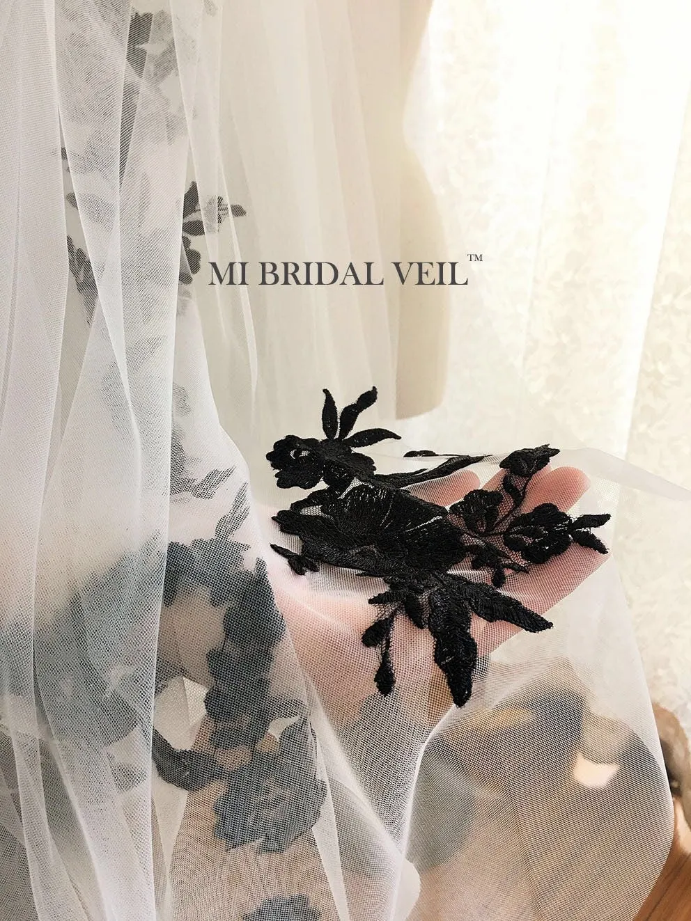 Black Embroidere Lace Chapel Wedding Veil, Vintage Inspired Lace Veil, Mi Bridal
