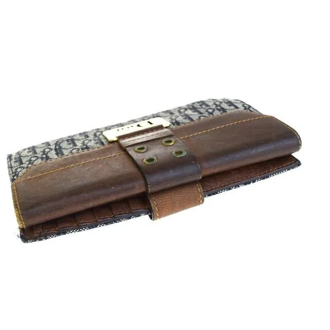 Dior Blue Trotter Logo Print Canvas And Brown Leather With Gold Accents Continental Wallet