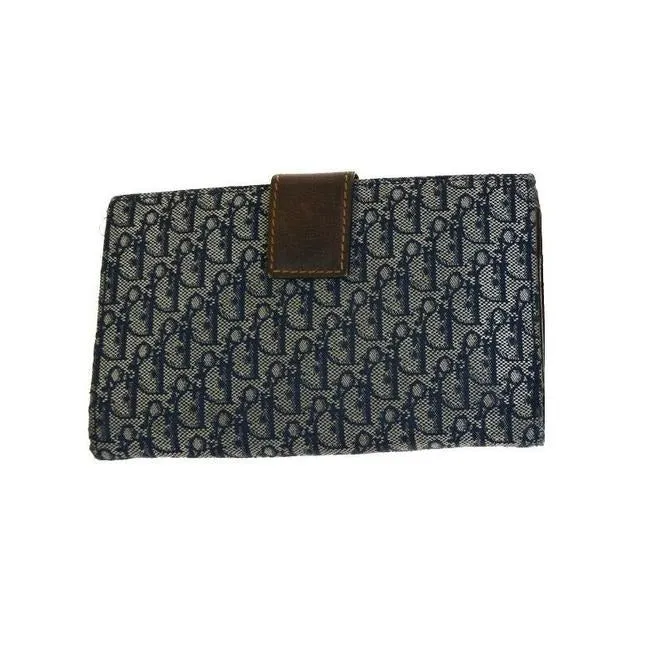 Dior Blue Trotter Logo Print Canvas And Brown Leather With Gold Accents Continental Wallet