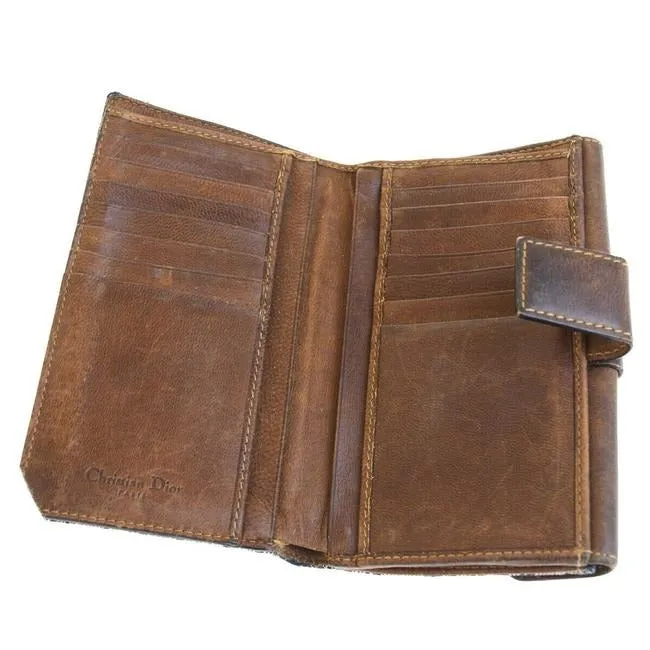 Dior Blue Trotter Logo Print Canvas And Brown Leather With Gold Accents Continental Wallet