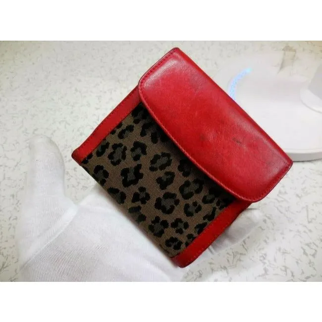 Fendi Leopard Print Canvas In Browns And Blacks And Red Leather Animal Wallet