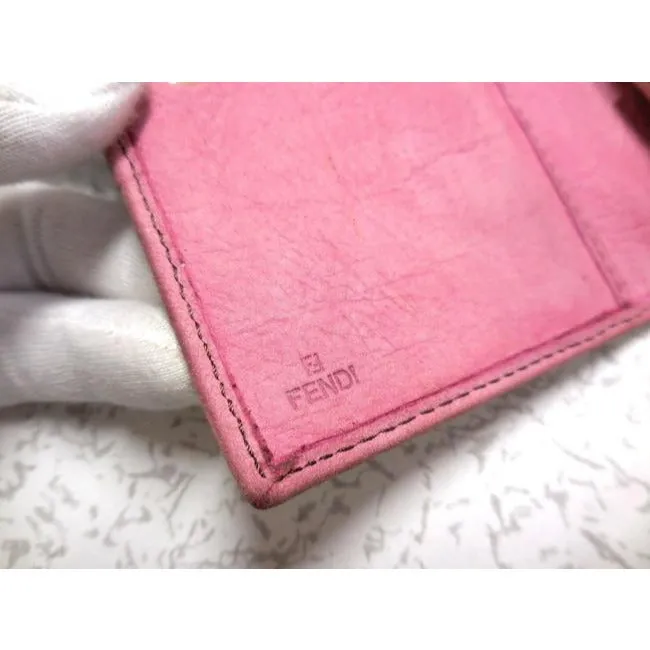 Fendi Pink Suede Leather With Gold Studs Bi Fold Wallet