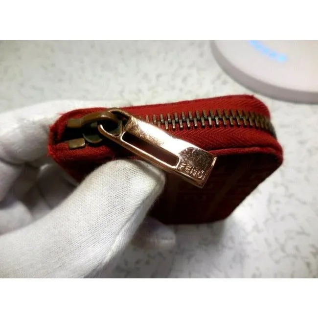 Fendi Red Zucchino Rose Gold Print Zip Around Wallet