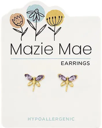 Gold Violet Dragonfly Stud Earrings