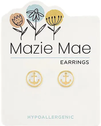 Gold White Enamel Anchor Stud Earrings