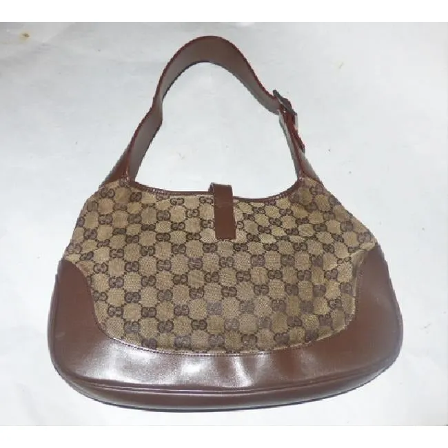 Gucci Jackie Vintage Style Shoulder Purse Brown Large G Logo Print Leather Canvas Hobo Bag