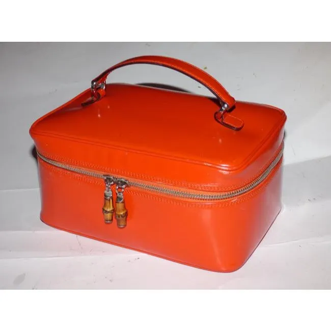 Gucci Reddish Orange Glossy Leather Bamboo Line Satchel