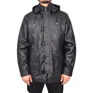 Men's Real Leather Detachable Hood Parka Coat Gents Jacket Black Borge
