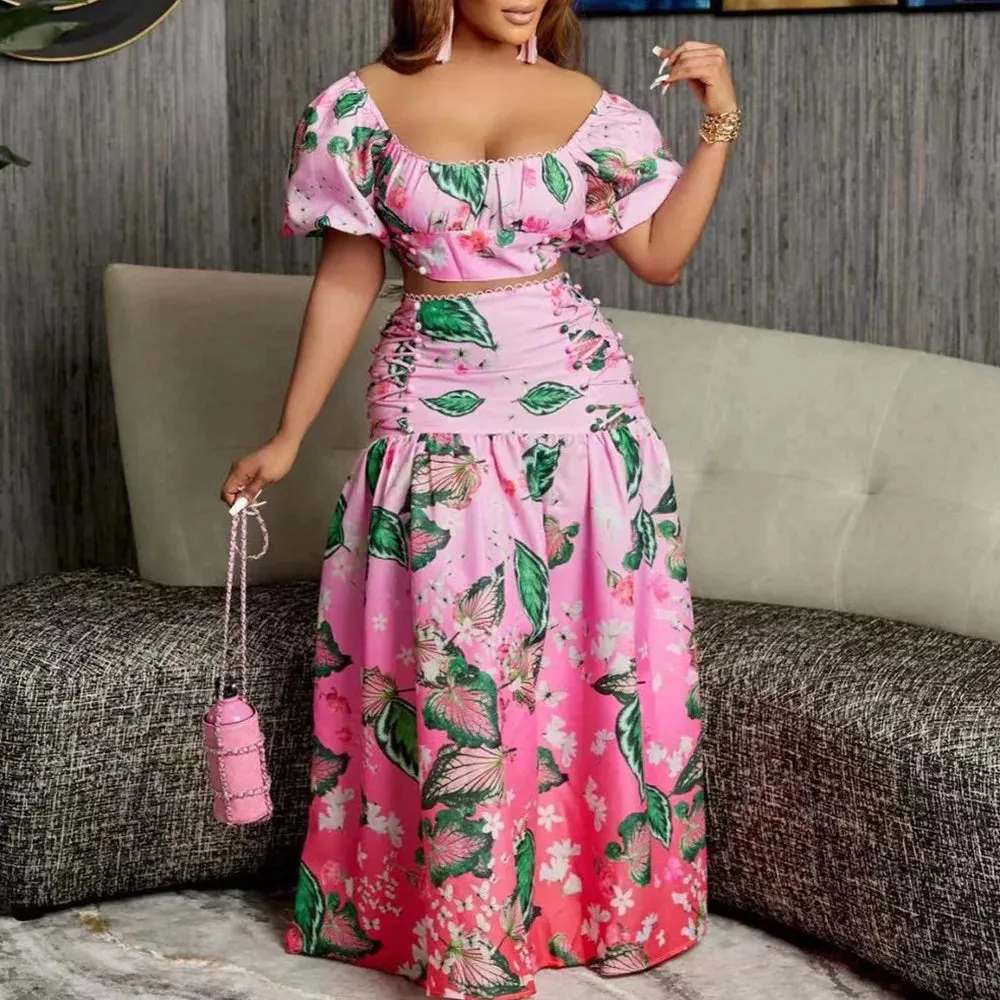 Summer Women's Suit Fashion Casual Short Top And Comfortable Long Skirt Sets Print Femininity Commuter Two-Piece Set
