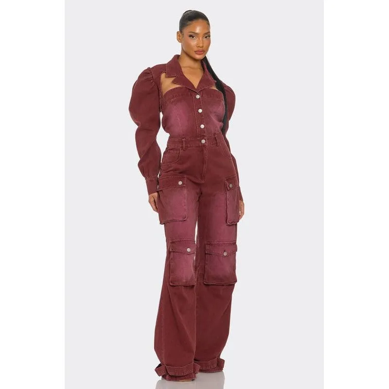 Vintage Inspired Utility Burgundy Jumpsuit